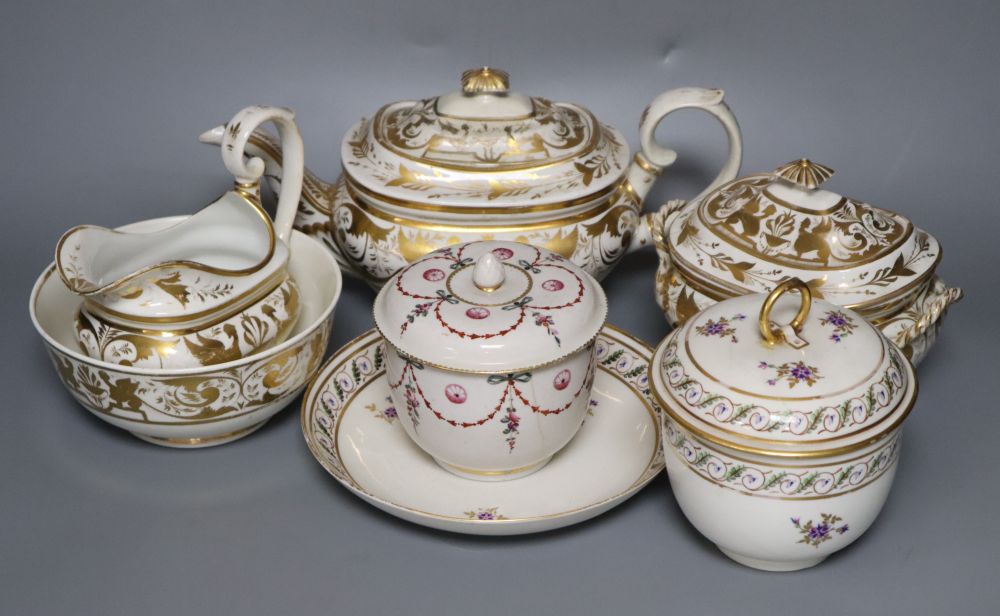 A Derby gilded part tea set, two Derby sucrier and covers and a similar dish, c.1790-1810, blue, puce, gilt and iron red marks